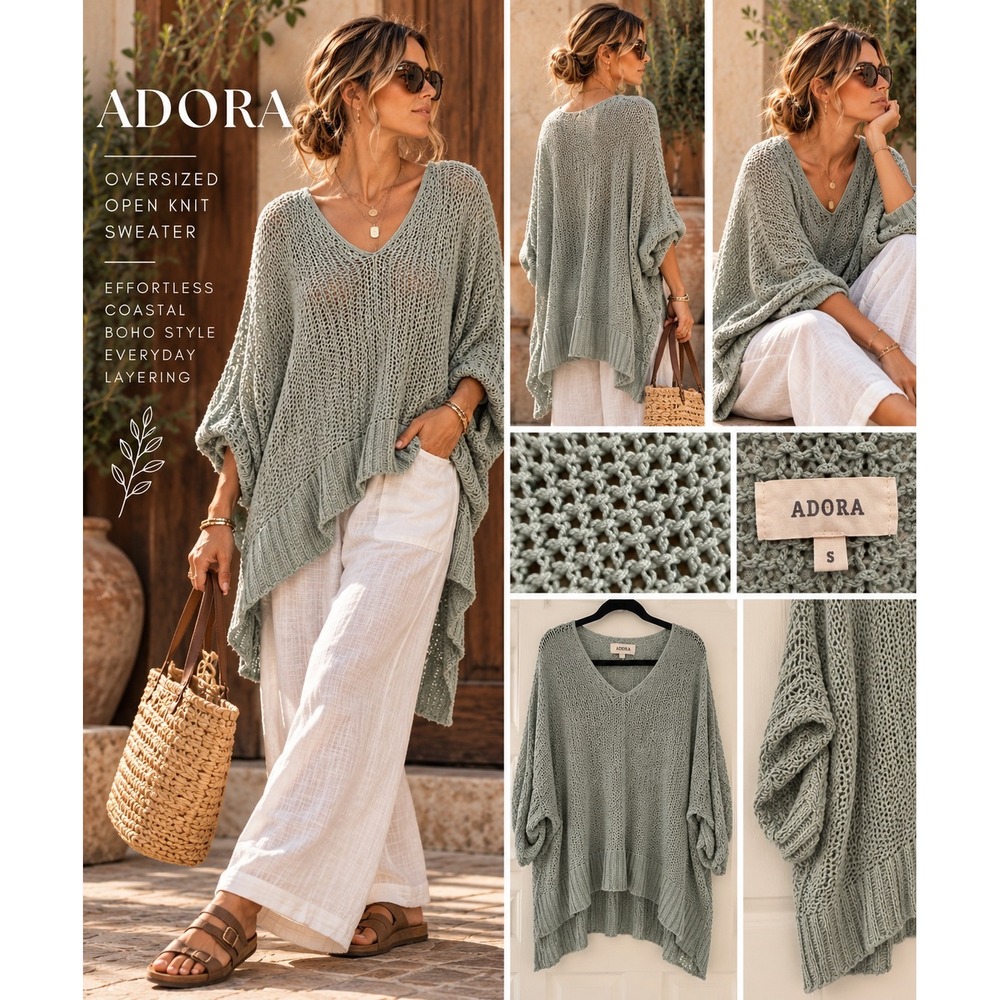Adora Sage Open Knit Oversized Dolman Sweater Lagenlook Coastal Boho S/M